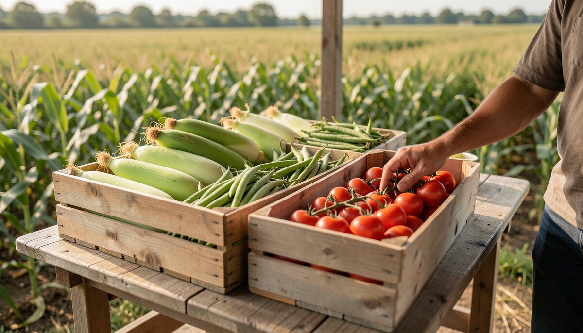 A roadside farm stand table of sweet corn, green beans and tomatoes in wooden crates on a summer morning, a grower's hand resting on a crate, the field behind