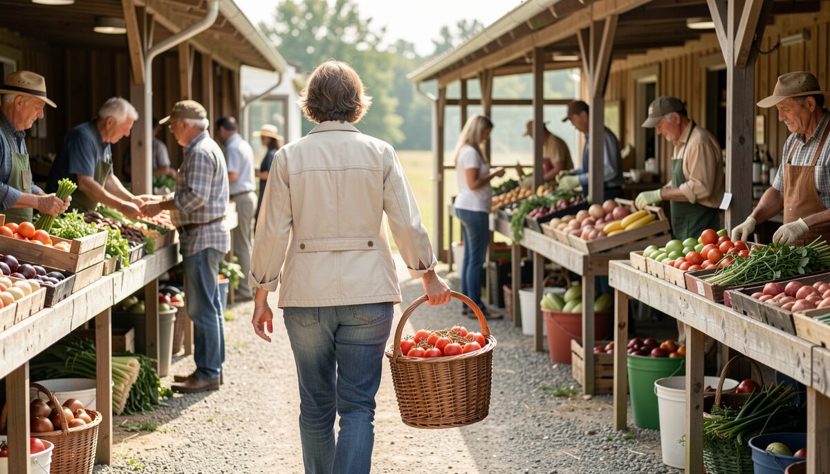 A shopper in a light jacket walking along a row of outdoor farm stalls, a wicker basket of tomatoes on the arm, growers standing behind the tables, summer morning