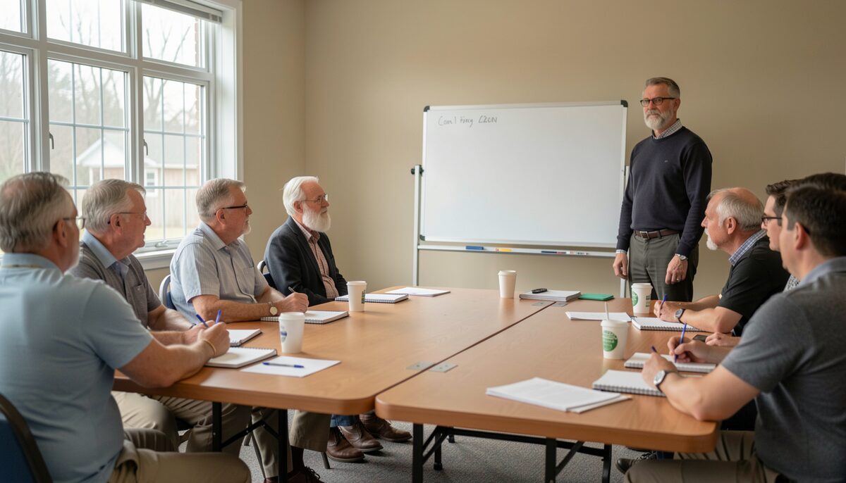 Adult growers seated around tables with notebooks in a county extension meeting room, one person standing beside a blank flip chart, natural window light