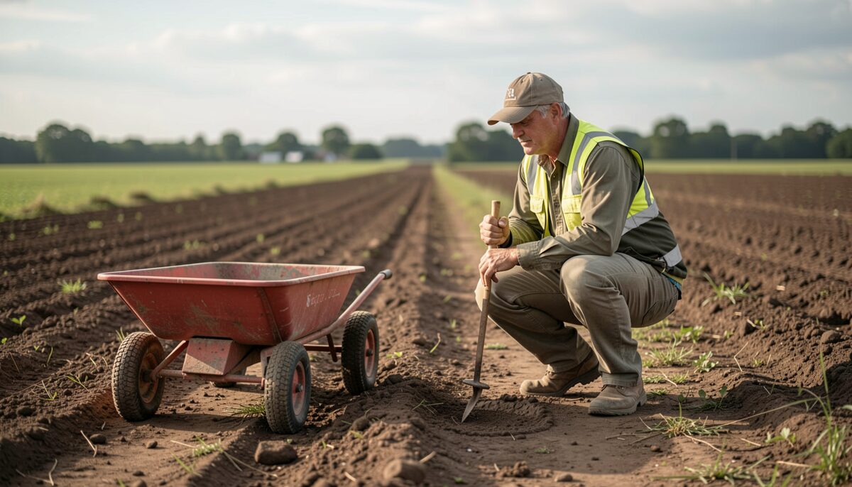 A soil test report and a spreader on a field headland, a grower kneeling with a soil probe.
