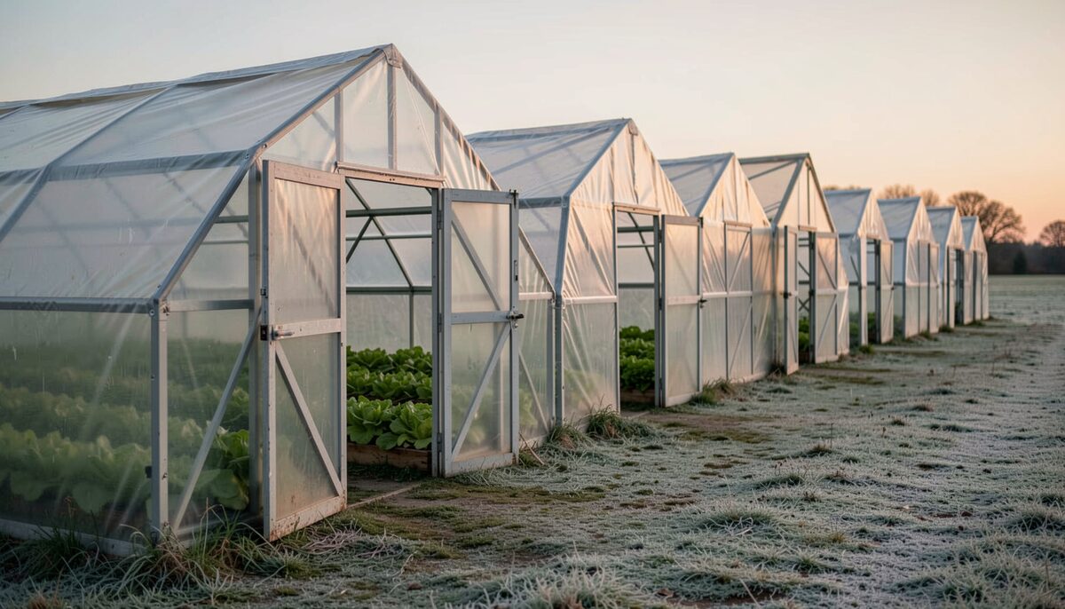 A row of hoophouses on a farm at dusk, doors open, lettuce visible inside, frost on the grass outside.