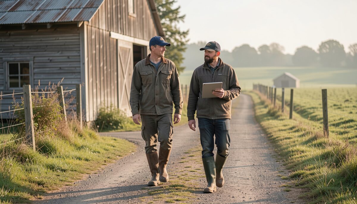 Two people in boots and caps walking a farm lane beside a barn, one holding a tablet, early morning light.