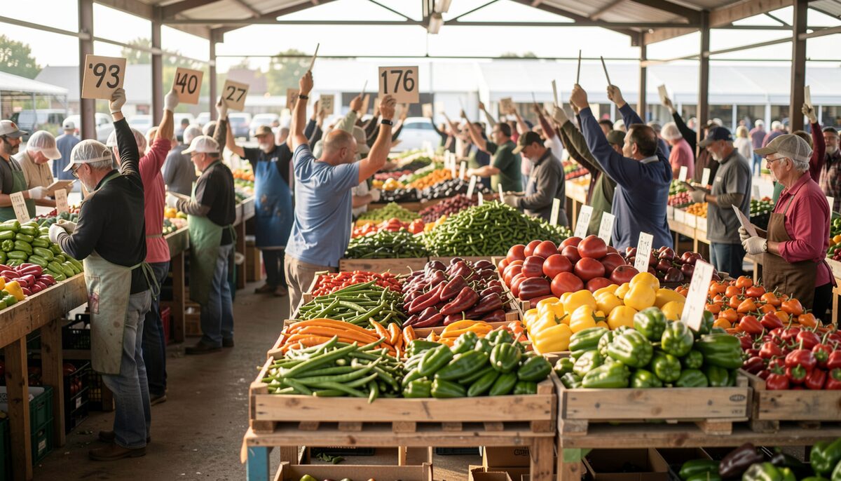 A produce auction floor with pallets of peppers and a crowd of buyers, bidder numbers raised.