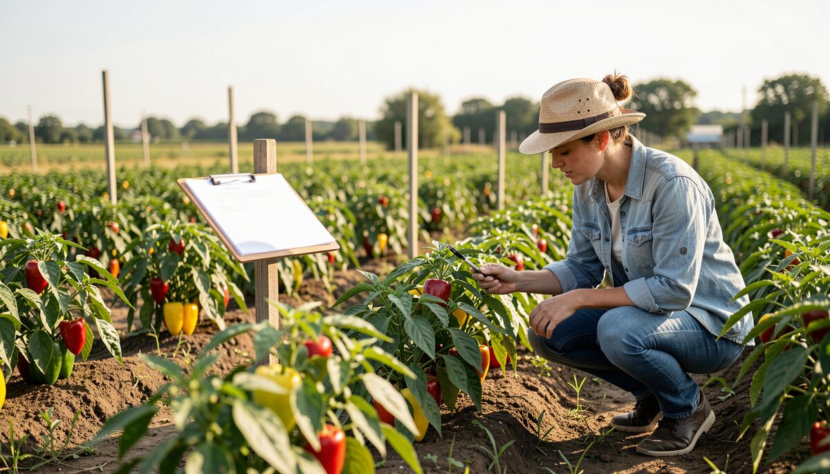 A field trial plot of peppers in neat rows, a clipboard on a stake and a researcher crouching to inspect leaves under summer light.