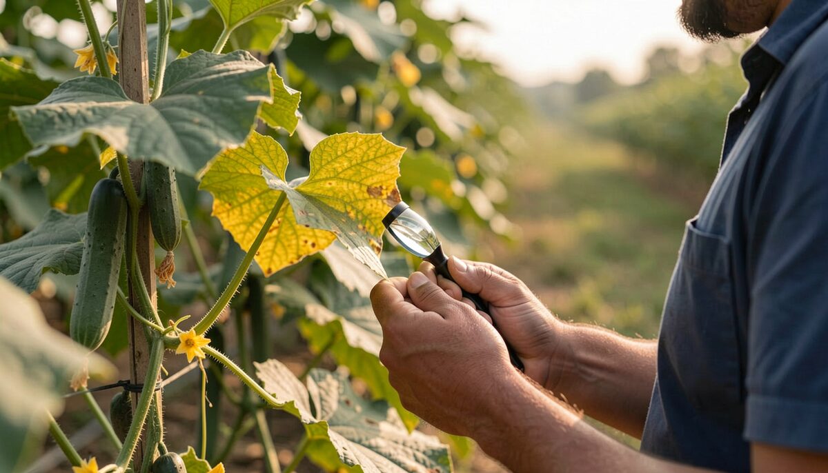 A grower scouting a cucumber row with a hand lens, yellowing leaf held up to the light.