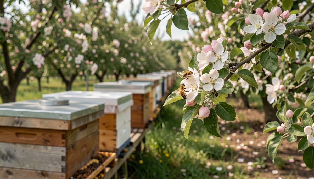 Beehives at the edge of a blooming apple orchard, pollen baskets visible on a bee at a blossom.