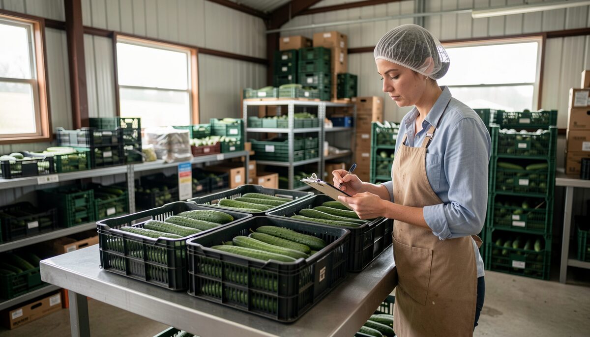 Crates of washed cucumbers on a stainless steel bench in a packing shed, a worker in an apron and hairnet checking a clipboard.