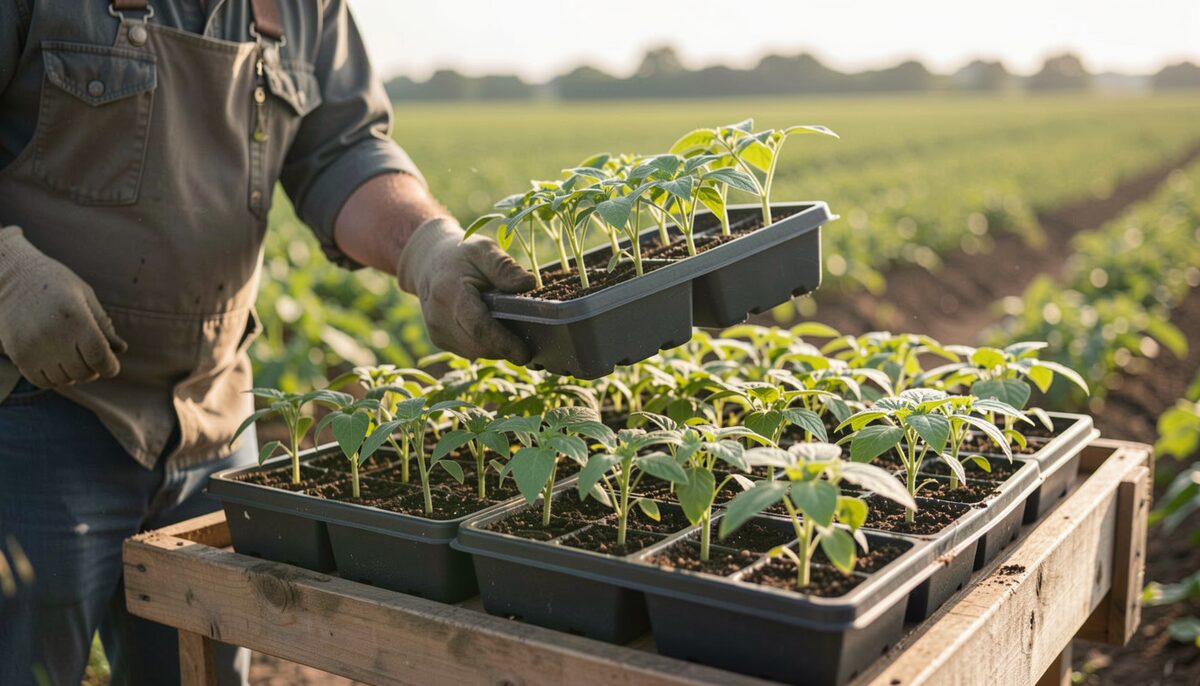Trays of young tomato seedlings on a wagon beside a field, a grower lifting one tray in morning light.