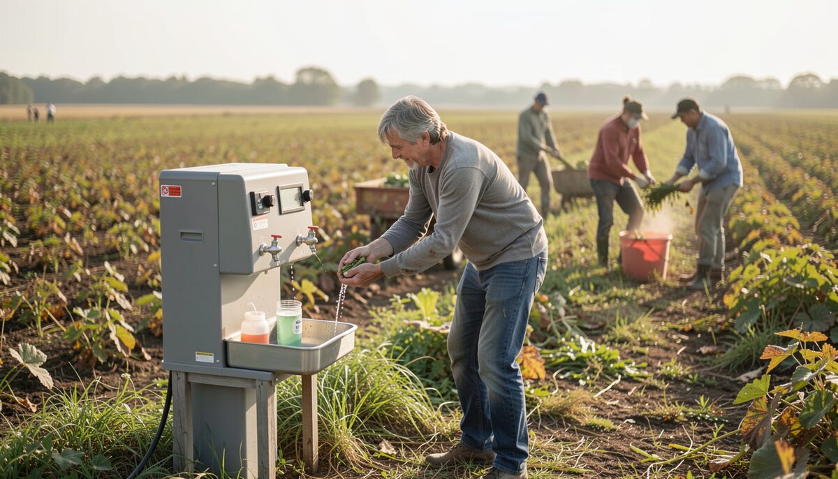 A portable handwash station at the edge of a field, a worker rinsing hands while a crew harvests behind.